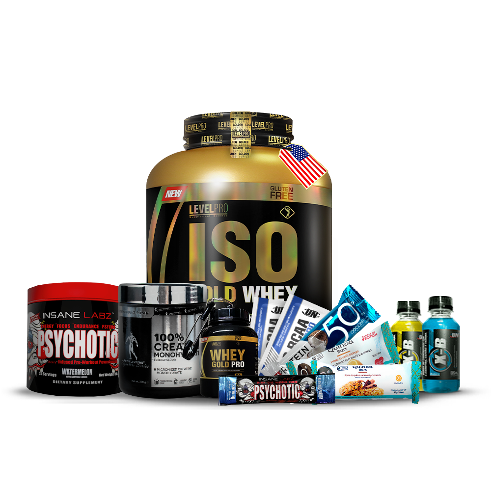 Pack  Iso Gold Whey 3kg LEVEL PRO + Creatina Kevin Levrone 300gr + Pre Entreno Psychotic + REGALOS