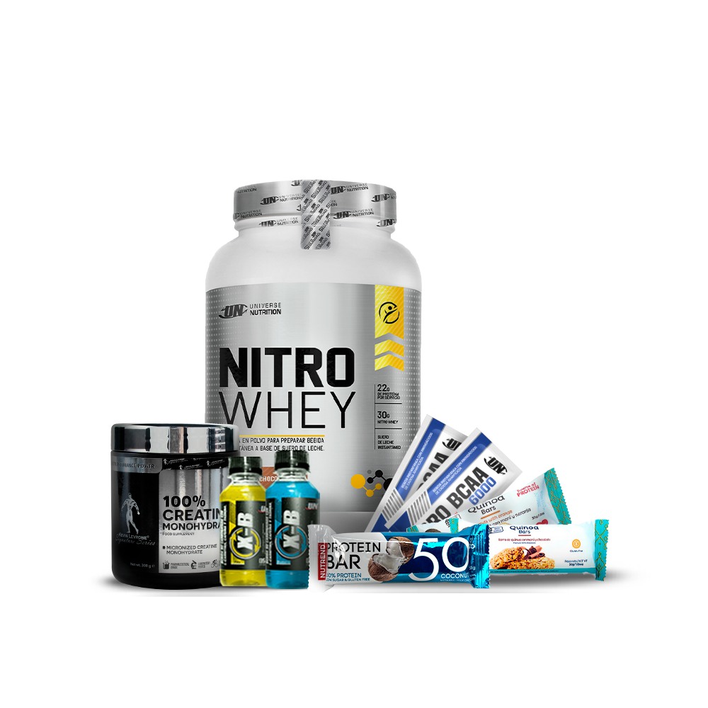 Pack Proteina Nitro Whey UN 1.1kg + Creatina Kevin Levrone 300gr + REGALOS