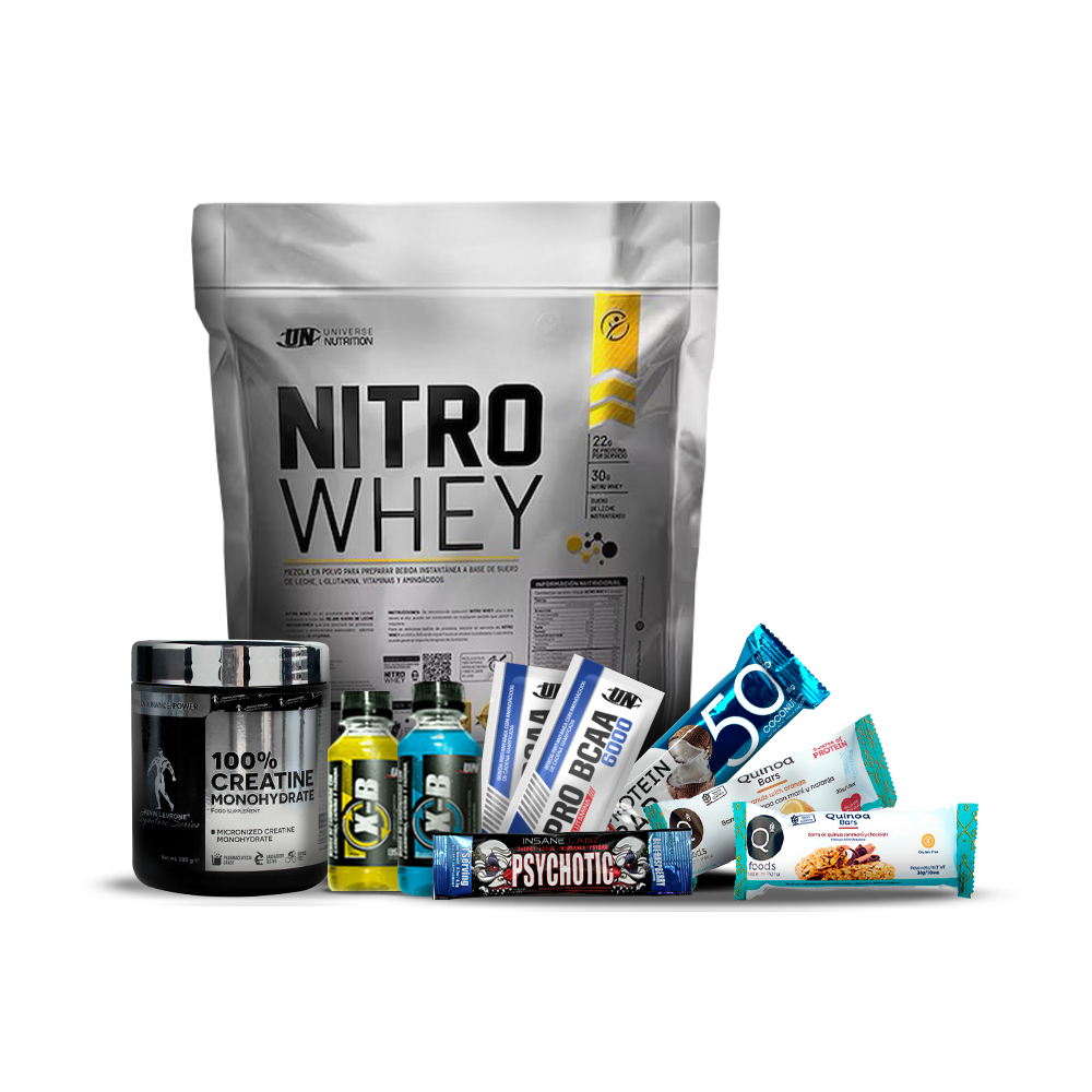 Pack Proteína Nitro Whey 5kg UN + Creatina Kevin Levrone 300gr + REGALOS