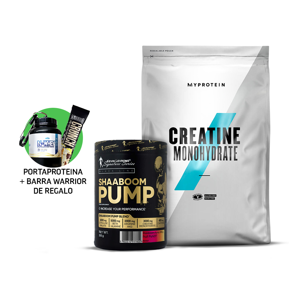 PACK CREATINA MYPROTEIN 250GR + SHAABOOM PUMP 385 GR+ 01 PORTA PROTEINA +01 BARRA WARRIOR