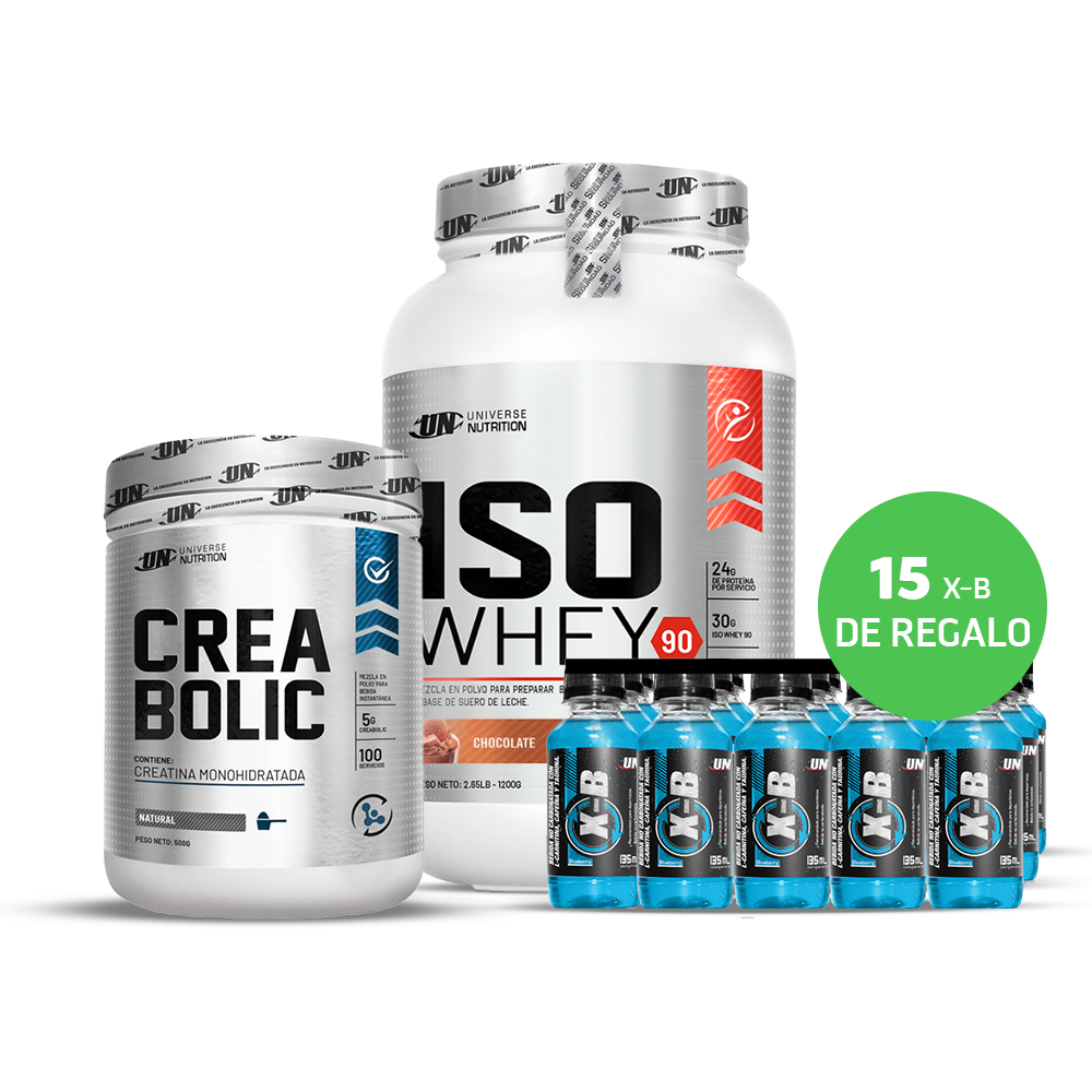 PACK ISO WHEY 1.1KG PROTEINA UN + CREABOLIC 500GR +XB QUEMADOR DE GRASA PACK 15 BOTELLAS