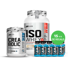 Cargar imagen en el visor de la galería, PACK ISO WHEY 1.1KG PROTEINA UN + CREABOLIC 500GR +XB QUEMADOR DE GRASA PACK 15 BOTELLAS
