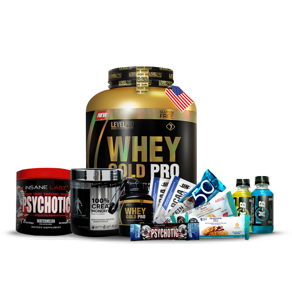 Pack de Proteina Whey Gold Pro 3kg + Creatina Kevin Levrone 300gr +Pre Entreno Psychotic + REGALOS