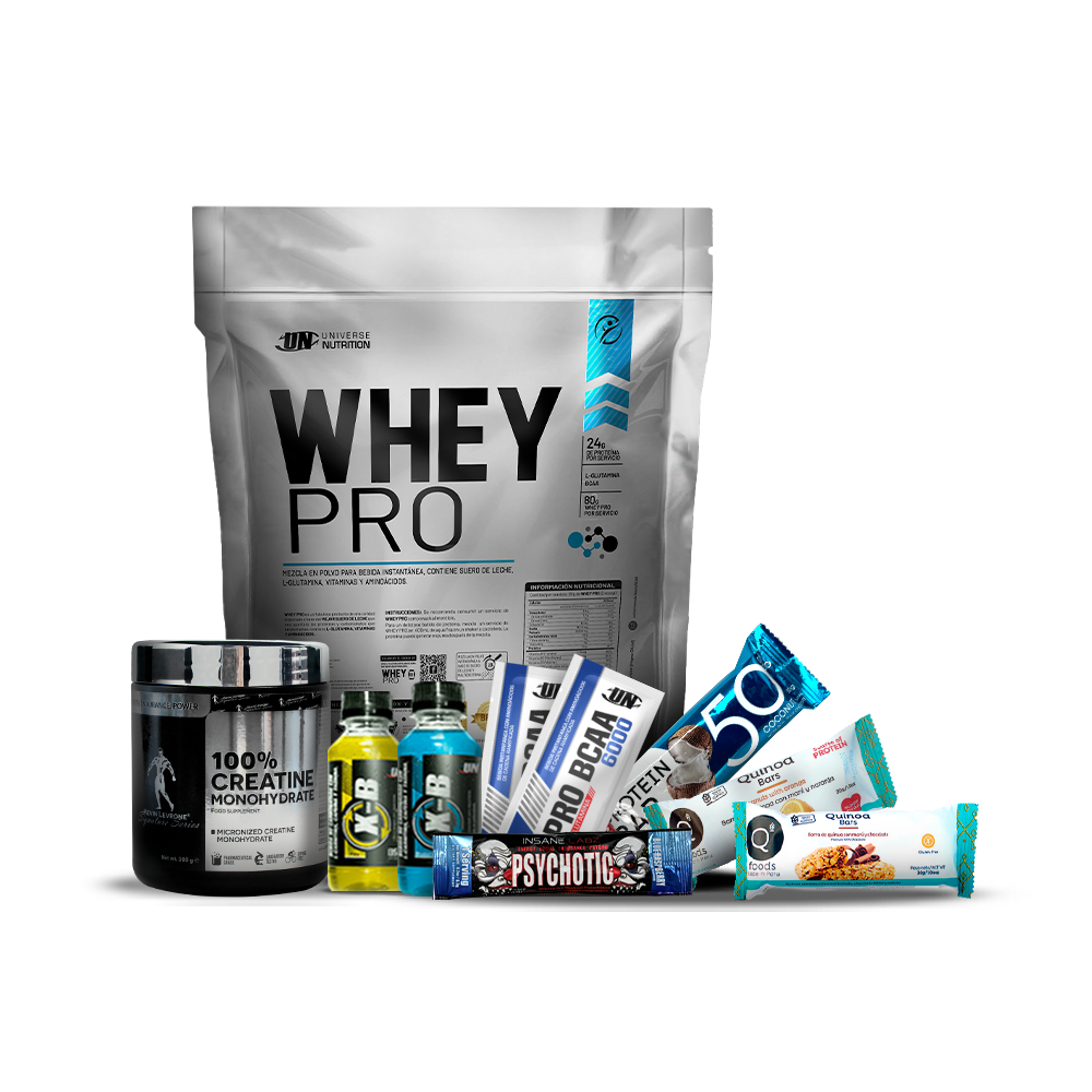 Pack Proteina Whey Pro 5kg UN + Creatina Kevin Levrone 300gr + REGALOS